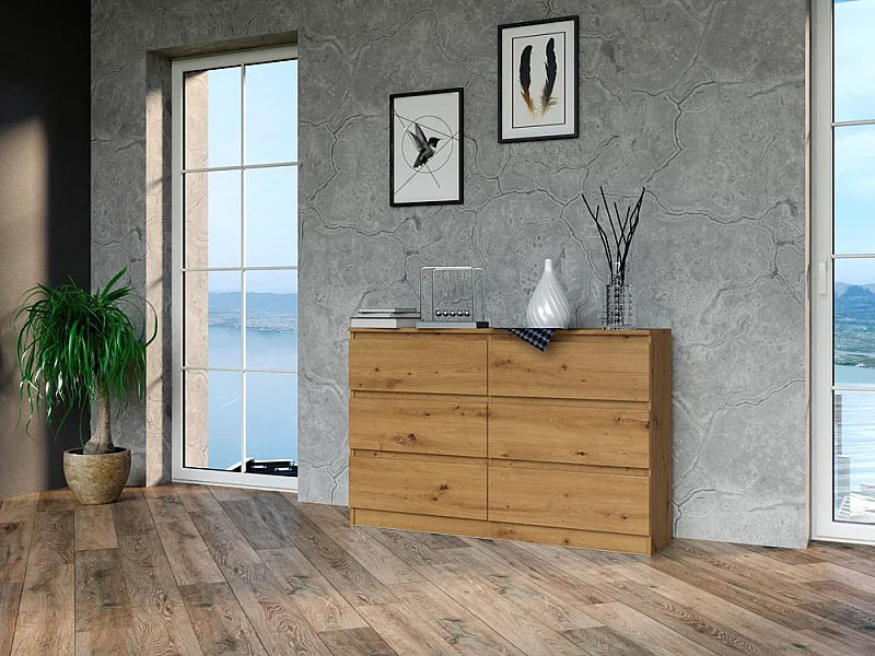 Komoda Malwa M6/120 | Dąb Artisan | 120x30x75 cm | Nowoczesna 6 Szuflad
