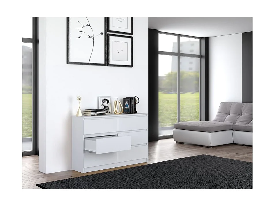 Komoda Malwa M6/120 | Biały | 120x30x75 cm | Nowoczesna 6 Szuflad