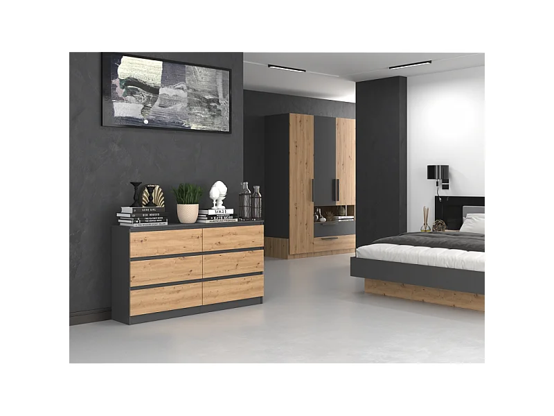 Komoda Malwa M6/140 | Antracyt/Dąb Artisan | 138x40x75 cm | 6 Szuflad