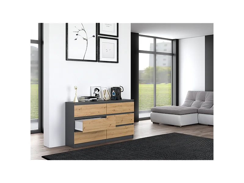 Komoda Malwa M6/140 | Antracyt/Dąb Artisan | 138x40x75 cm | 6 Szuflad
