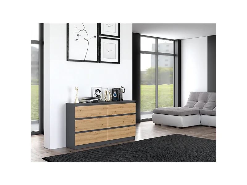 Komoda Malwa M6/140 | Antracyt/Dąb Artisan | 138x40x75 cm | 6 Szuflad