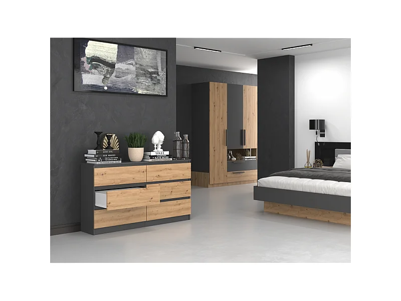 Komoda Malwa M6/140 | Antracyt/Dąb Artisan | 138x40x75 cm | 6 Szuflad