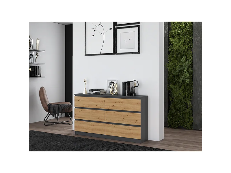 Komoda Malwa M6/140 | Antracyt/Dąb Artisan | 138x40x75 cm | 6 Szuflad