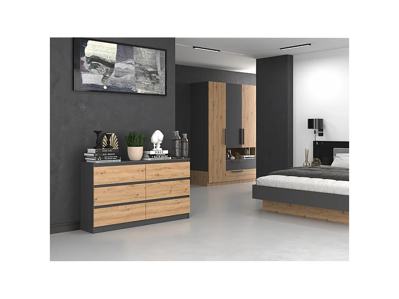 Komoda Malwa M6/140 | Antracyt/Dąb Artisan | 138x40x75 cm | 6 Szuflad