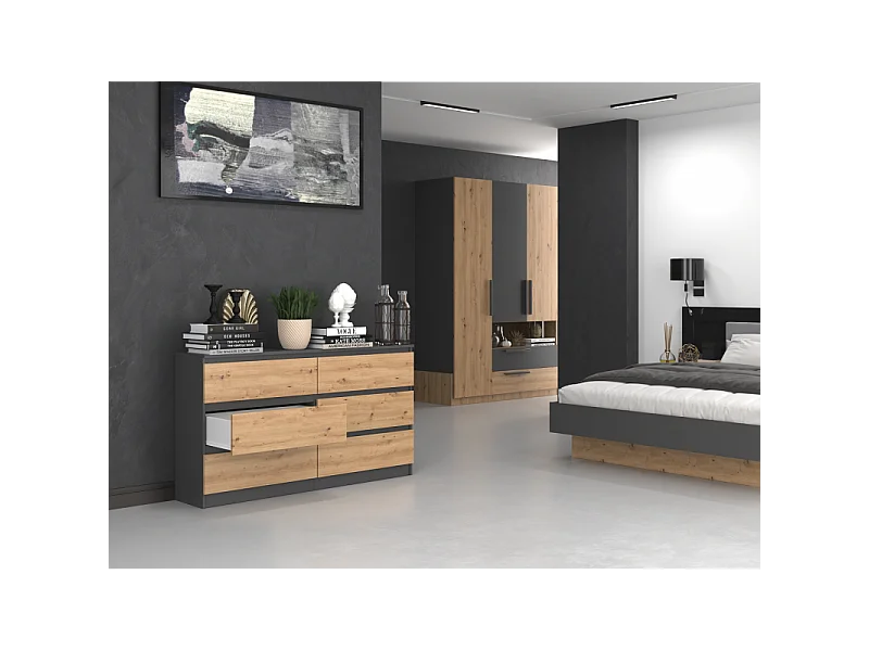 Komoda Malwa M6/140 | Antracyt/Dąb Artisan | 138x40x75 cm | 6 Szuflad
