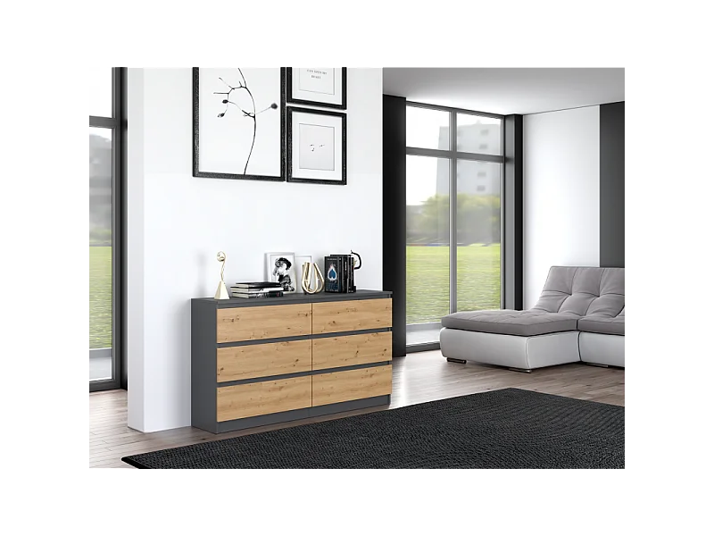 Komoda Malwa M6/140 | Antracyt/Dąb Artisan | 138x40x75 cm | 6 Szuflad