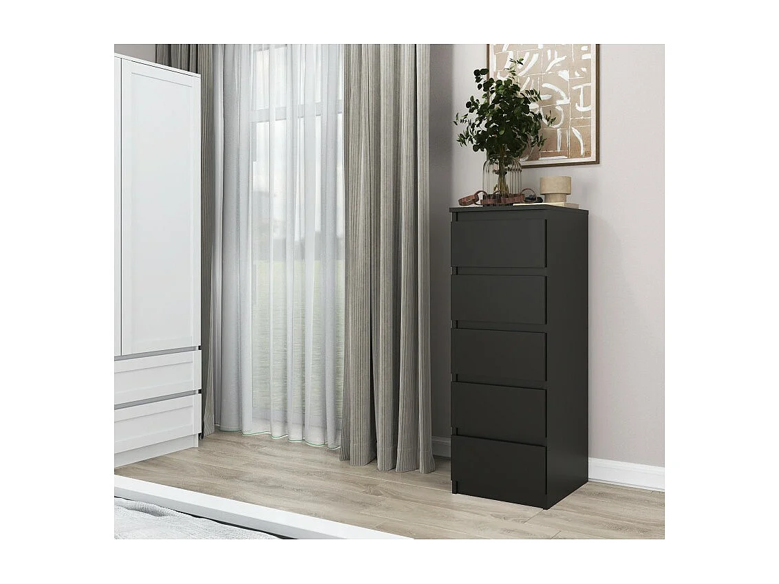 Komoda Malwa W5 |  Czarna | 40x45x111 cm | Komoda z  5 Szufladami