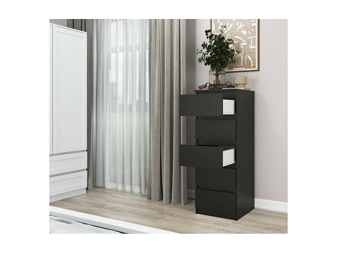 Komoda Malwa W5 |  Czarna | 40x45x111 cm | Komoda z  5 Szufladami