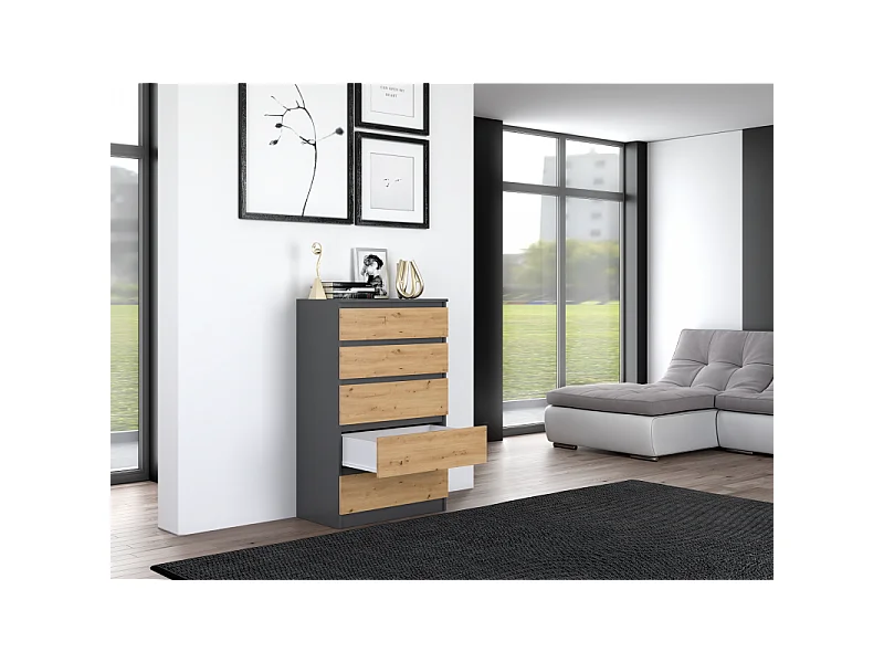 Komoda Malwa M5 | Antracyt/Dąb Artisan | 70x40x109,5 cm | Komoda z 5 Szufladami