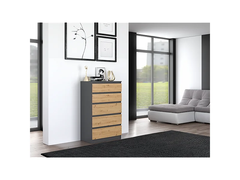 Komoda Malwa M5 | Antracyt/Dąb Artisan | 70x40x109,5 cm | Komoda z 5 Szufladami