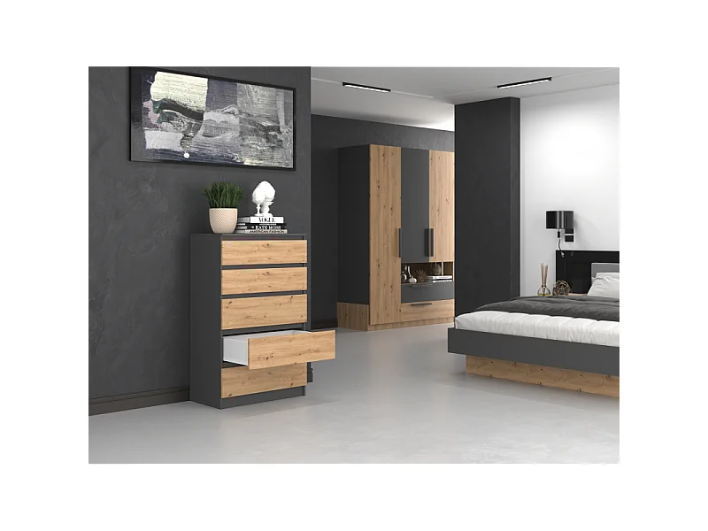 Komoda Malwa M5 | Antracyt/Dąb Artisan | 70x40x109,5 cm | Komoda z 5 Szufladami