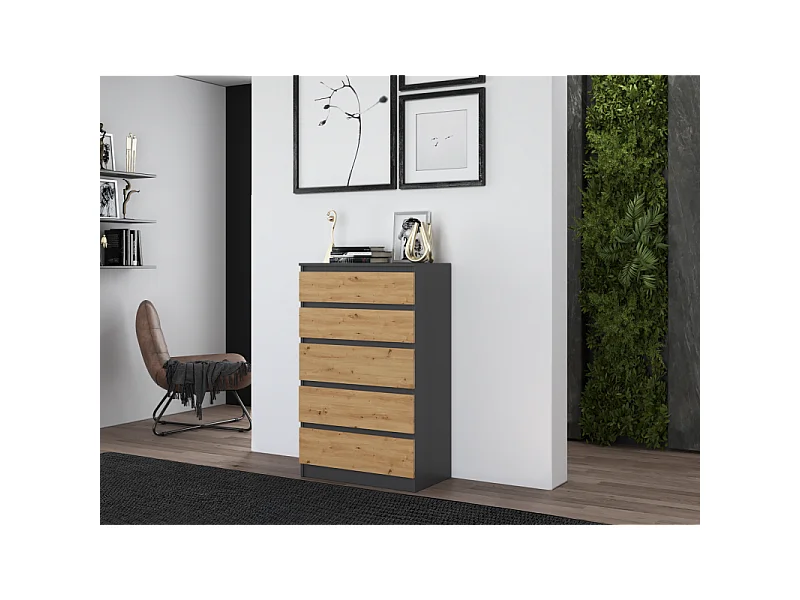 Komoda Malwa M5 | Antracyt/Dąb Artisan | 70x40x109,5 cm | Komoda z 5 Szufladami