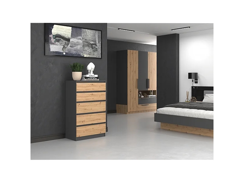 Komoda Malwa M5 | Antracyt/Dąb Artisan | 70x40x109,5 cm | Komoda z 5 Szufladami