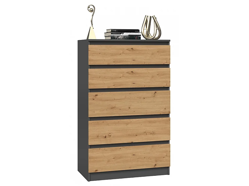 Komoda Malwa M5 | Antracyt/Dąb Artisan | 70x40x109,5 cm | Komoda z 5 Szufladami