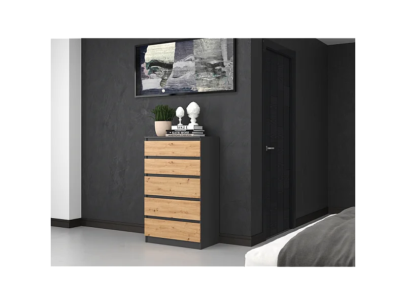 Komoda Malwa M5 | Antracyt/Dąb Artisan | 70x40x109,5 cm | Komoda z 5 Szufladami