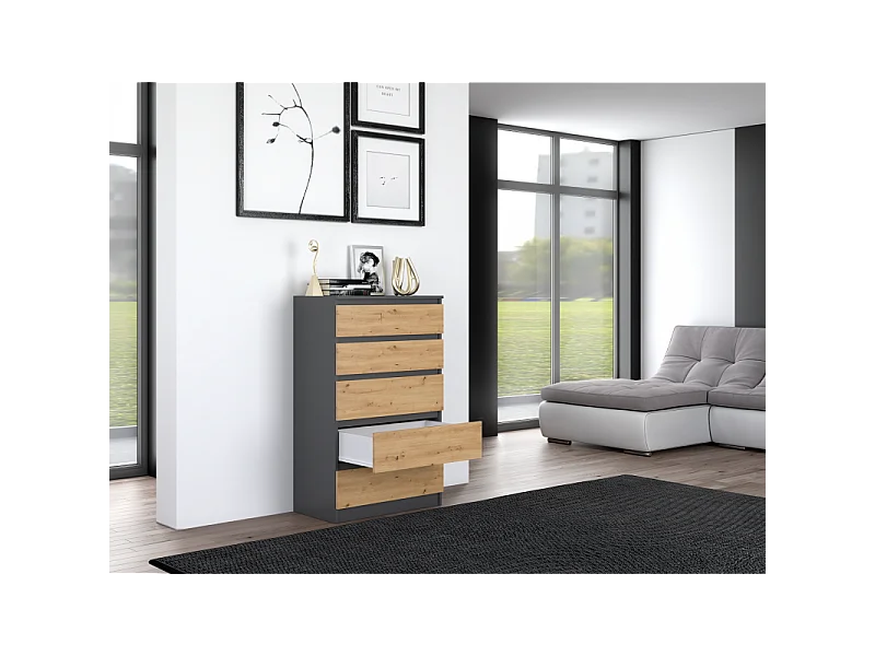 Komoda Malwa M5 | Antracyt/Dąb Artisan | 70x40x109,5 cm | Komoda z 5 Szufladami