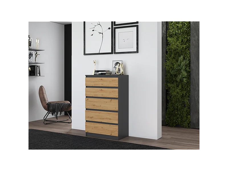 Komoda Malwa M5 | Antracyt/Dąb Artisan | 70x40x109,5 cm | Komoda z 5 Szufladami