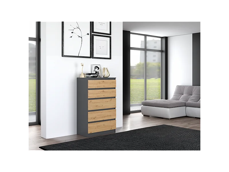 Komoda Malwa M5 | Antracyt/Dąb Artisan | 70x40x109,5 cm | Komoda z 5 Szufladami