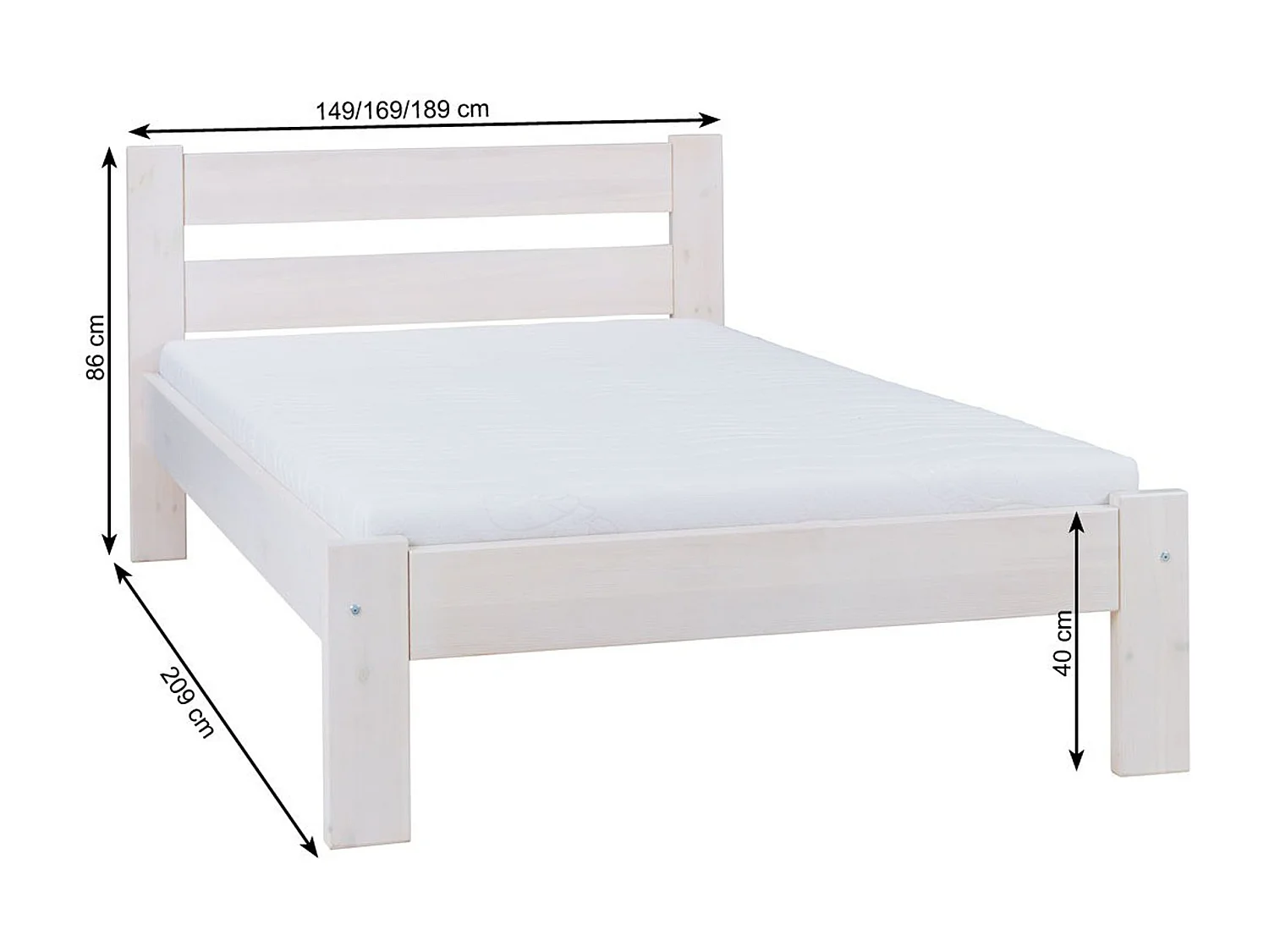 Lit 140x200 en bois Aron, couleur blanchie