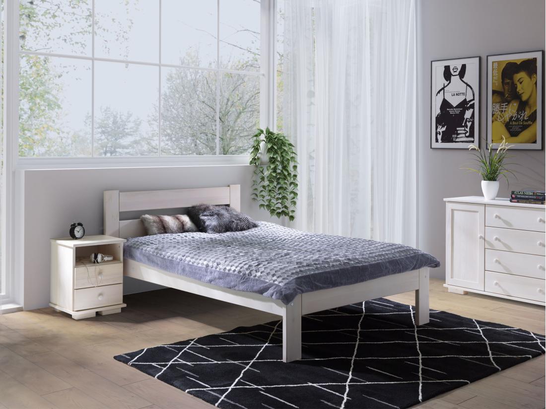 vente unique Lit 140x200 en bois Aron couleur blanchie