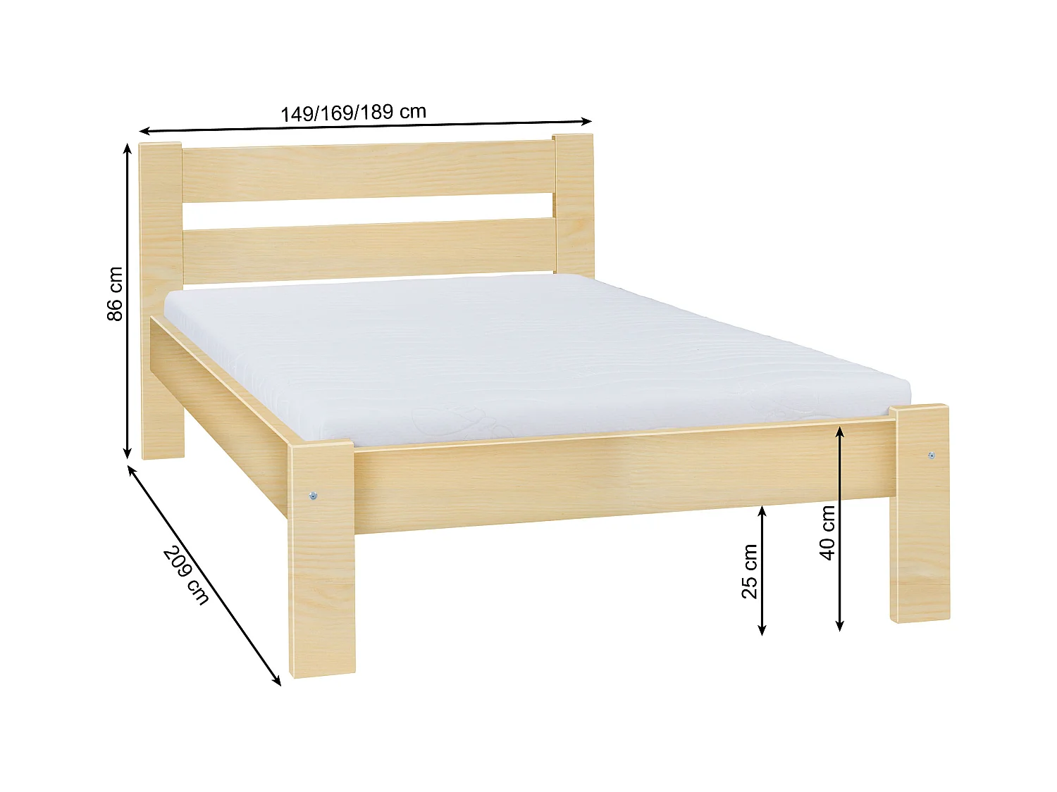 Lit 140x200 en bois Aron, pin