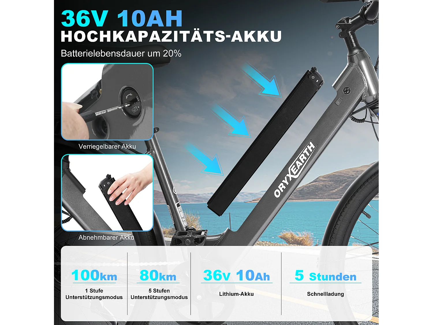 Vélo à assistance électrique Oryxearth City – Moteur central 250W, 7 vitesses SHIMANO, 5 modes d'assistance, Gris
