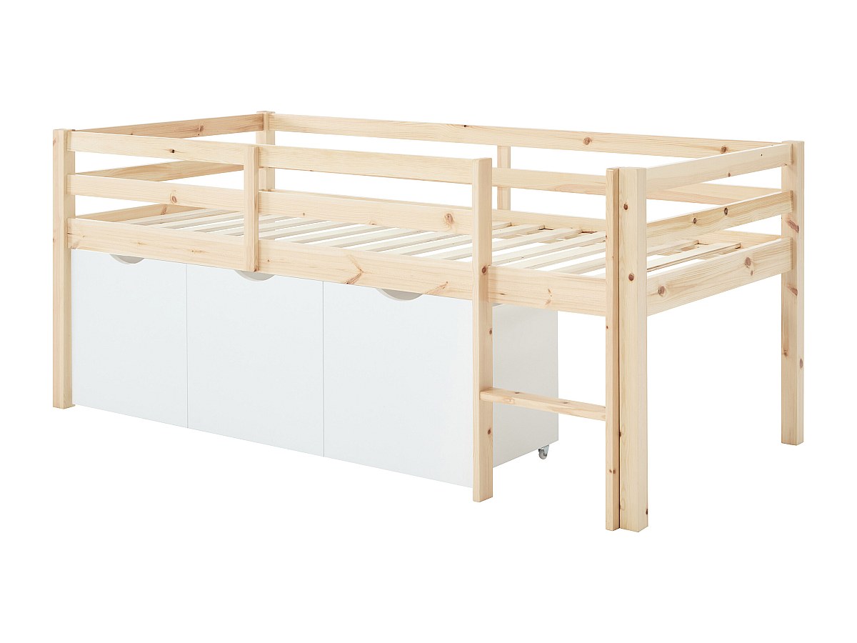 Halbhohes Bett 90 x 190 cm – Mit Stauraum – Kiefer & MDF – Natur/Weiß – LAN günstig online kaufen