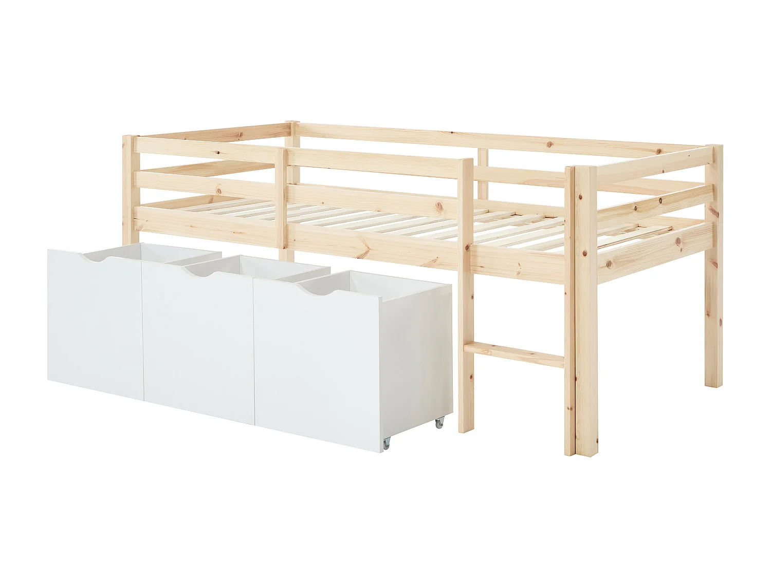 Lit mi-hauteur 90 x 190 cm avec rangement - Pin et MDF - Coloris : Naturel et blanc - LANIORI