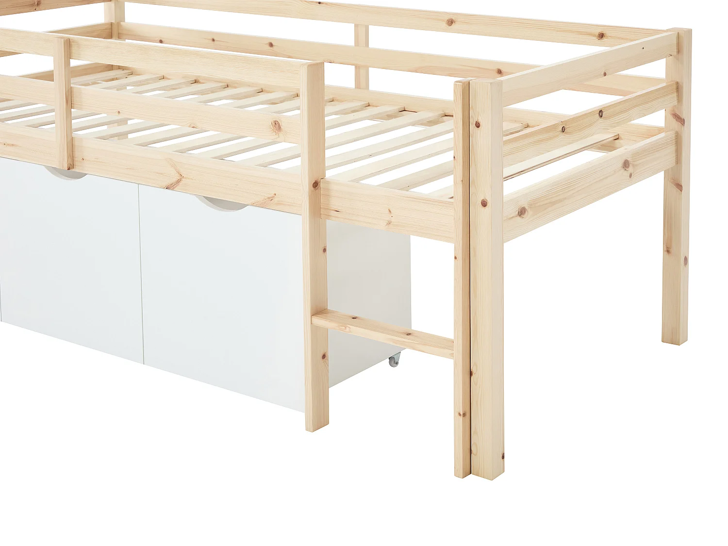 Lit mi-hauteur 90 x 190 cm avec rangement - Pin et MDF - Coloris : Naturel et blanc - LANIORI