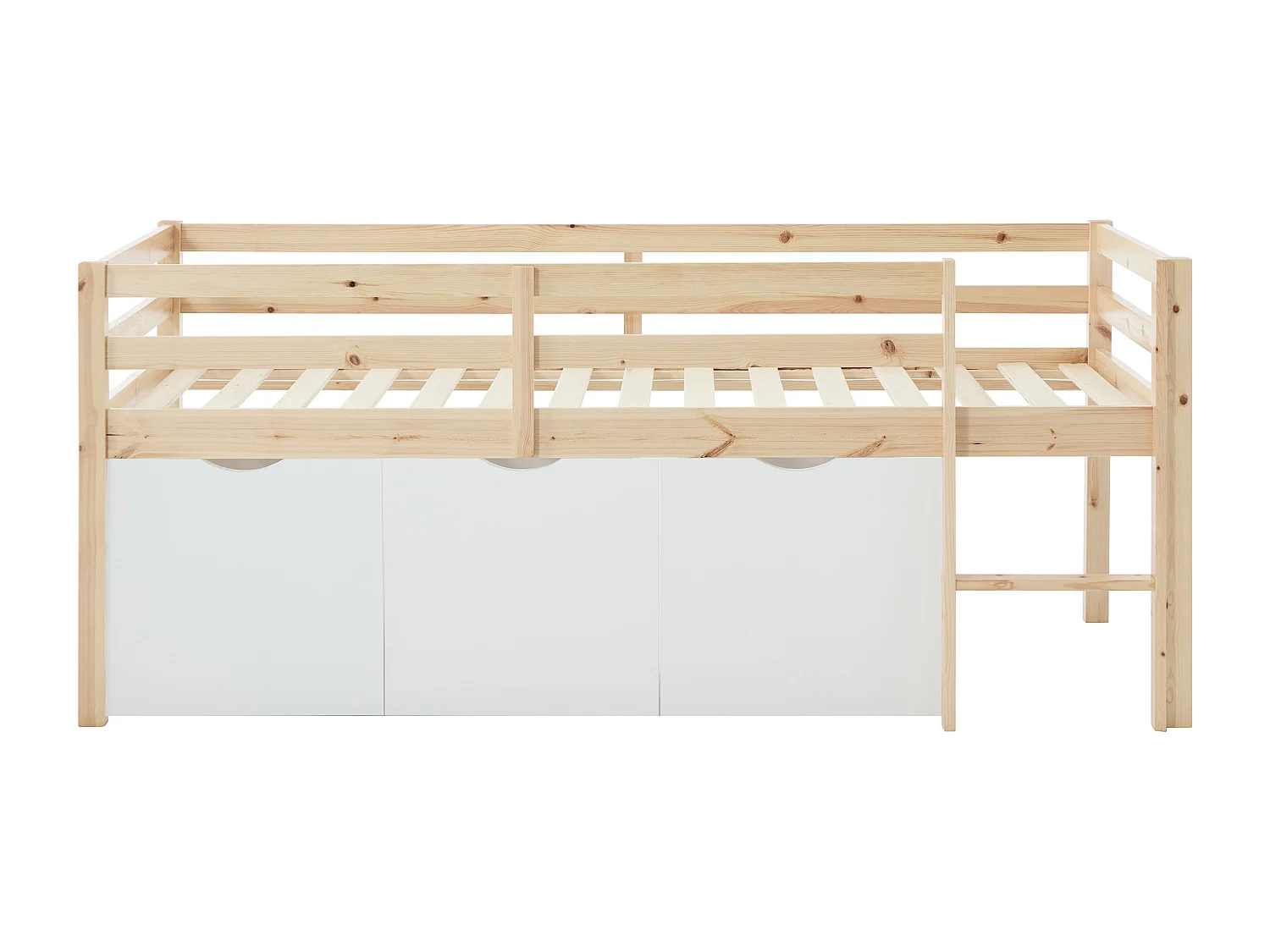 Lit mi-hauteur 90 x 190 cm avec rangement - Pin et MDF - Coloris : Naturel et blanc - LANIORI