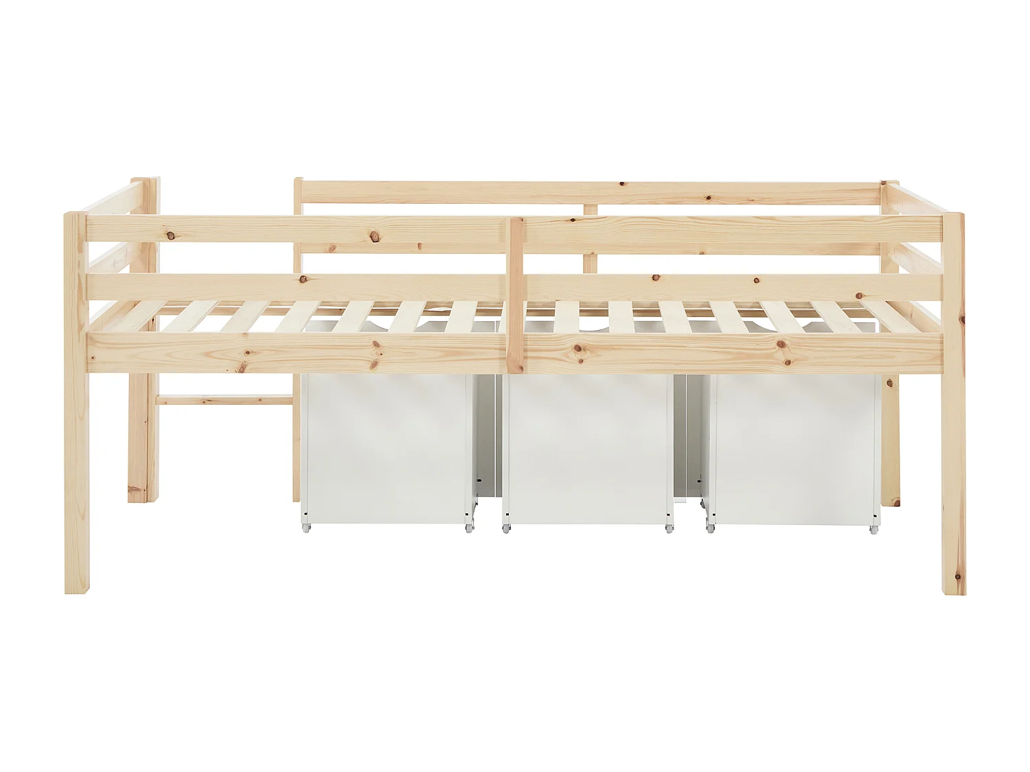 Lit mi-hauteur 90 x 190 cm avec rangement - Pin et MDF - Coloris : Naturel et blanc - LANIORI