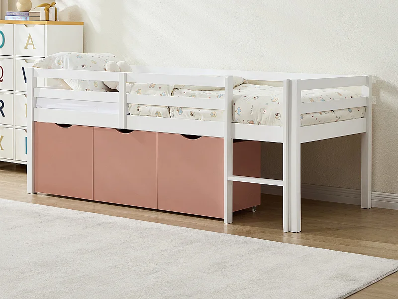 Lit mi-hauteur 90 x 190 cm avec rangement - Pin et MDF - Blanc et rose - LANIORI