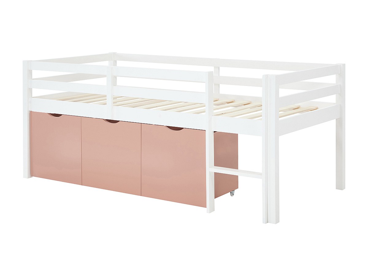 Halbhohes Bett 90 x 190 cm – Mit Stauraum – Kiefer & MDF – Weiß/Rosa – LANI günstig online kaufen