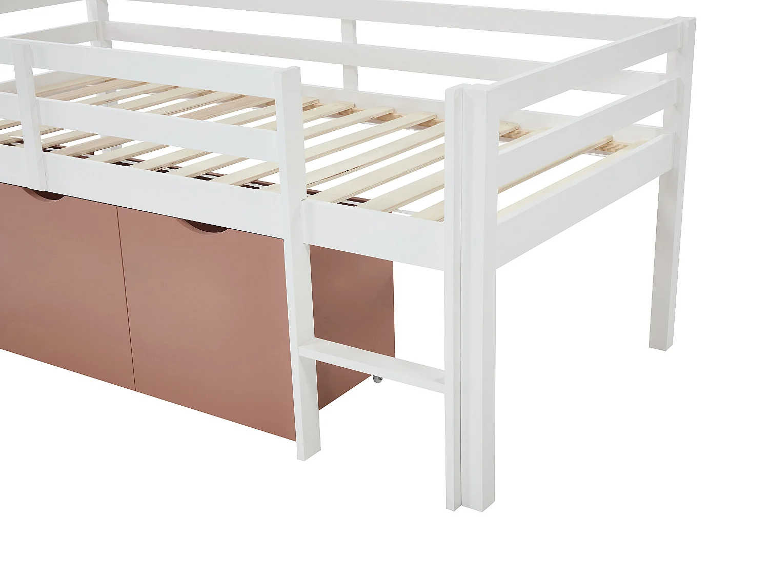 Lit mi-hauteur 90 x 190 cm avec rangement - Pin et MDF - Blanc et rose - LANIORI