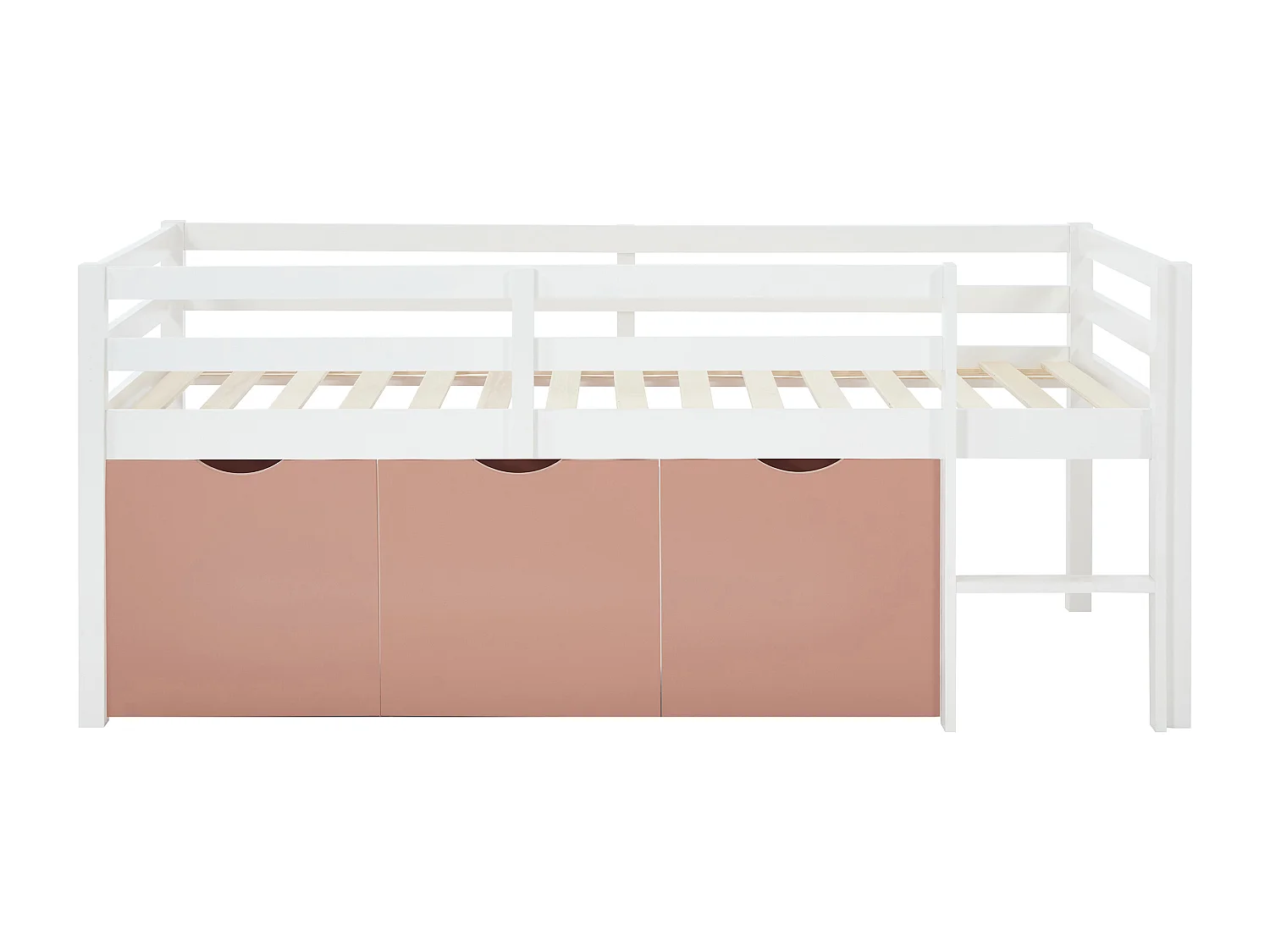 Lit mi-hauteur 90 x 190 cm avec rangement - Pin et MDF - Blanc et rose - LANIORI