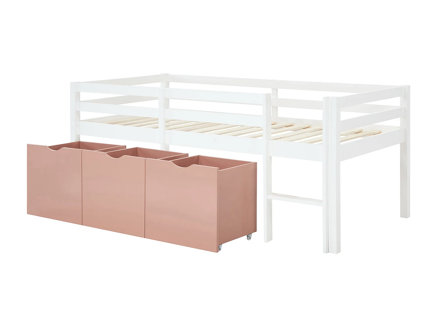 Lit mi-hauteur 90 x 190 cm avec rangement - Pin et MDF - Blanc et rose - LANIORI