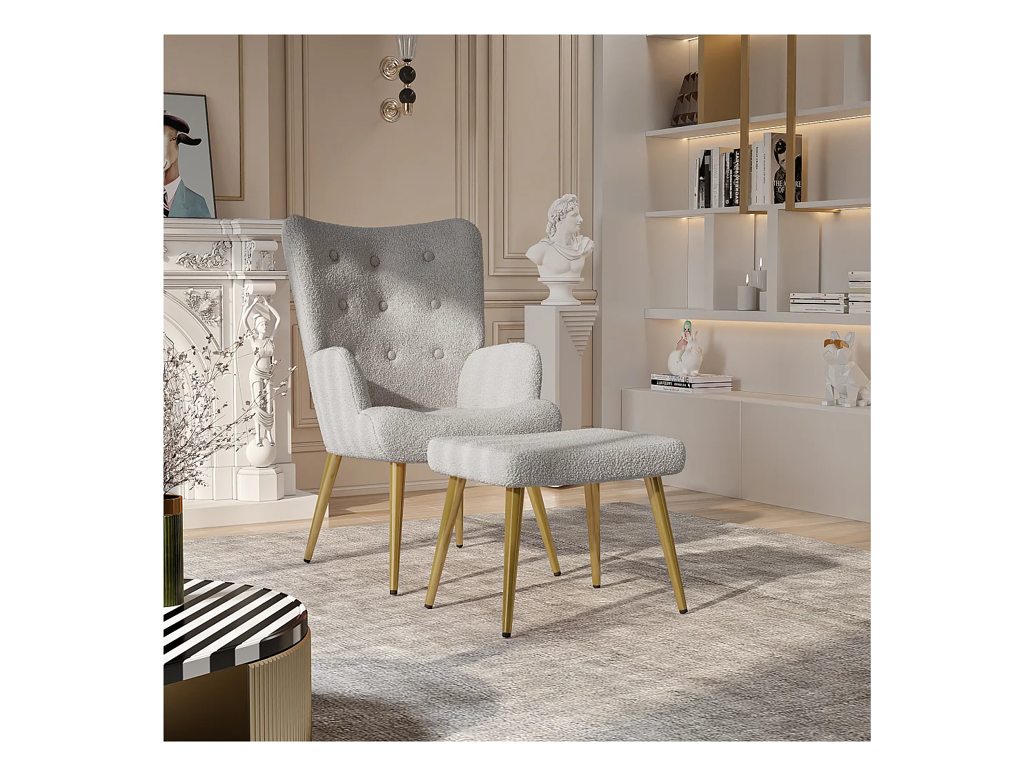 Ensemble 2 pièces, ensemble de chaises sherpa avec tabouret, design élégant, gris