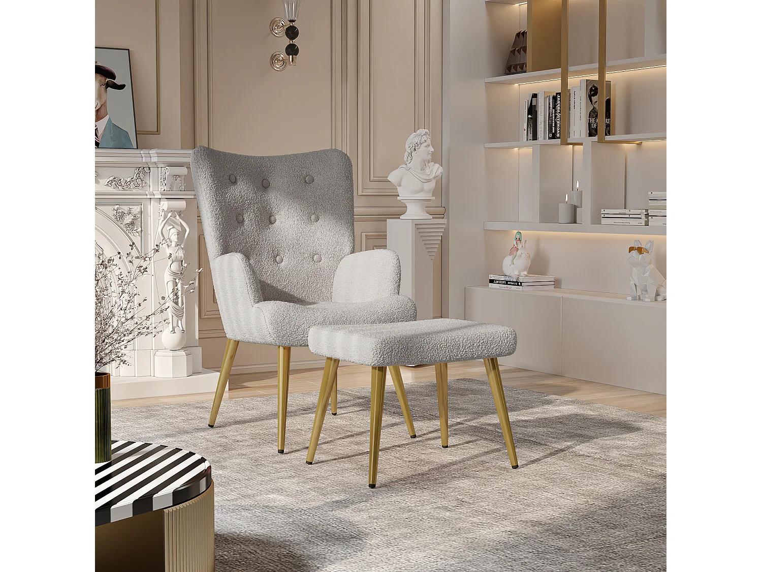 Ensemble 2 pièces, ensemble de chaises sherpa avec tabouret, design élégant, gris