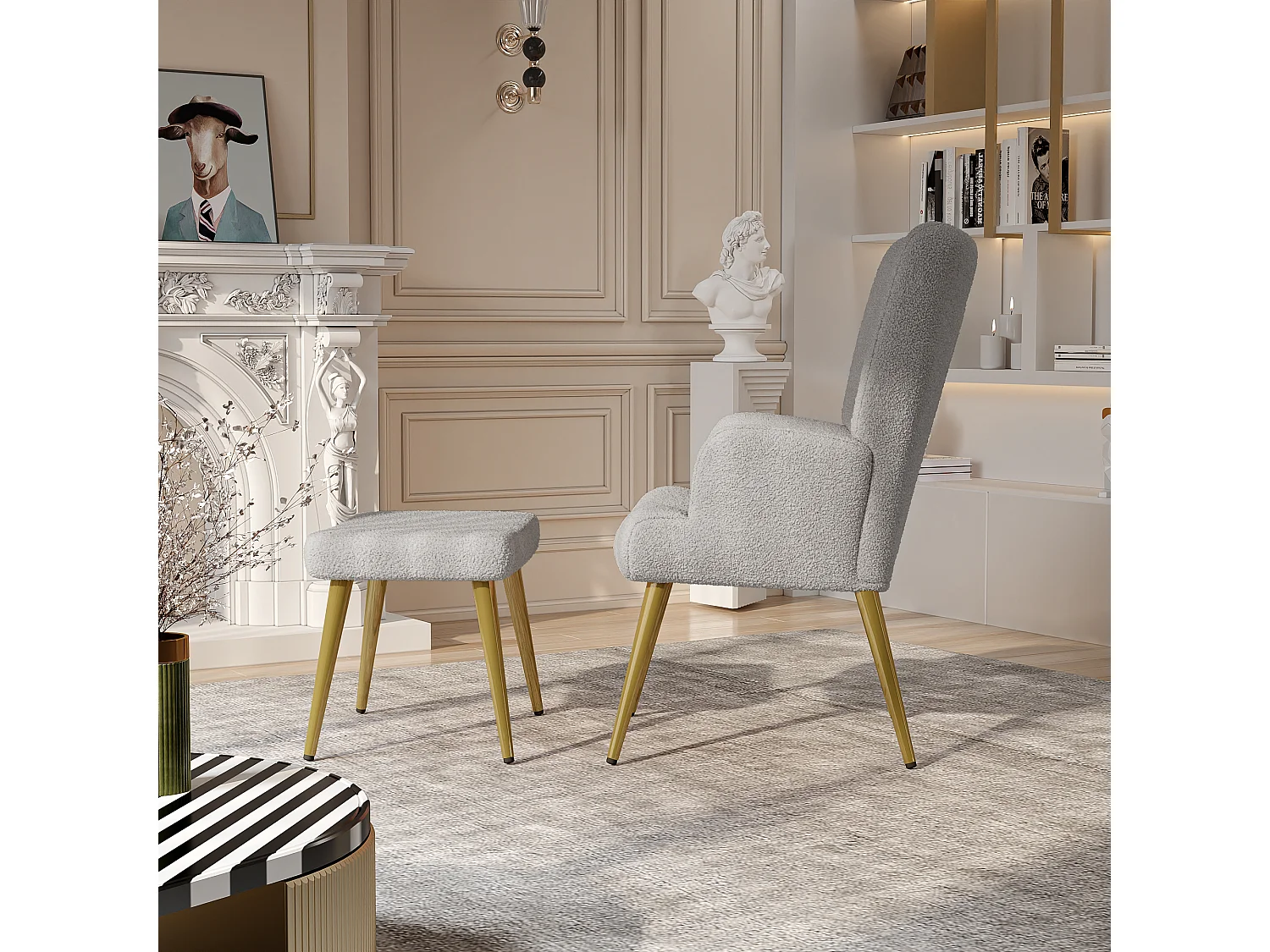 Ensemble 2 pièces, ensemble de chaises sherpa avec tabouret, design élégant, gris