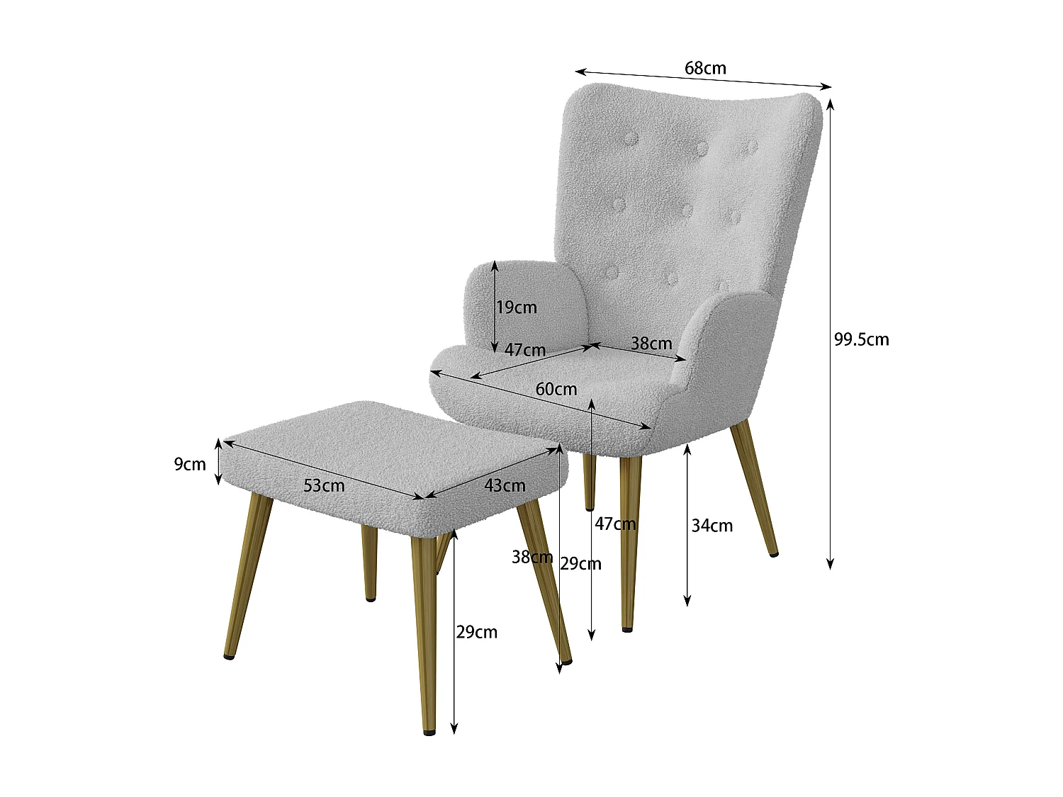 Ensemble 2 pièces, ensemble de chaises sherpa avec tabouret, design élégant, gris