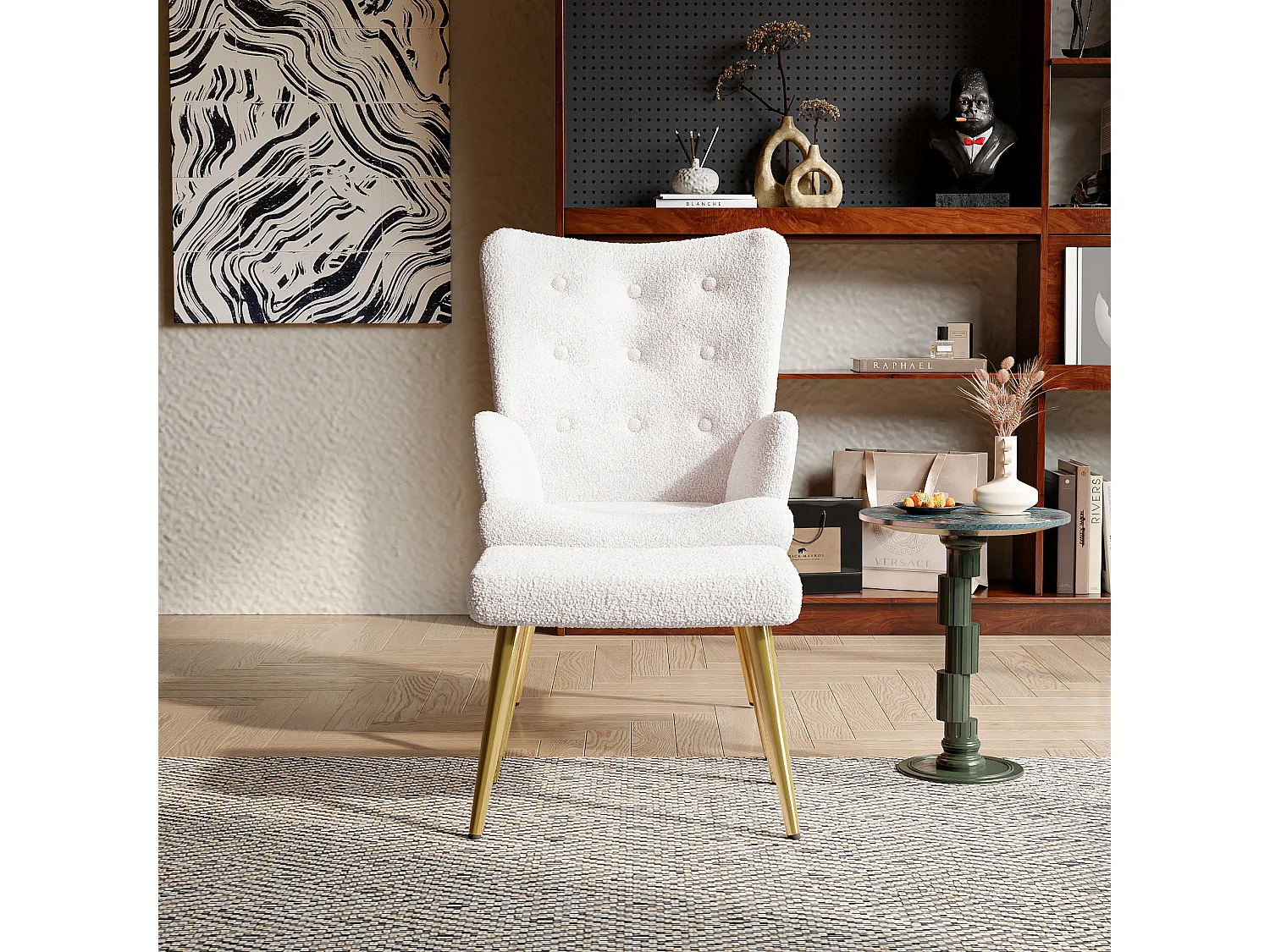 Ensemble 2 pièces, ensemble de chaises sherpa avec tabouret, design élégant, blanc