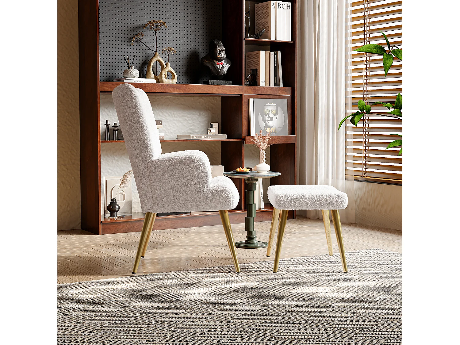 Ensemble 2 pièces, ensemble de chaises sherpa avec tabouret, design élégant, blanc