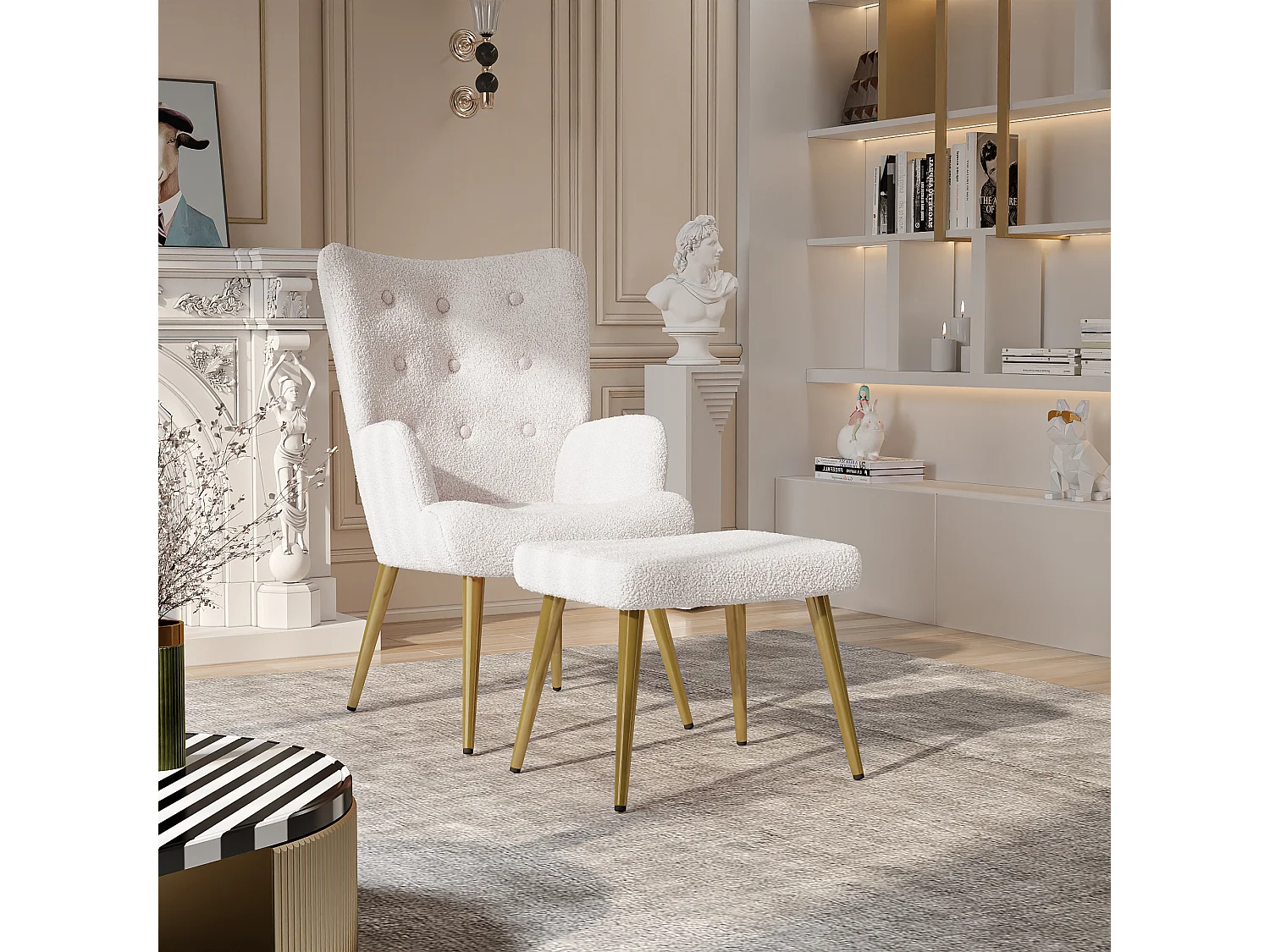 Ensemble 2 pièces, ensemble de chaises sherpa avec tabouret, design élégant, blanc