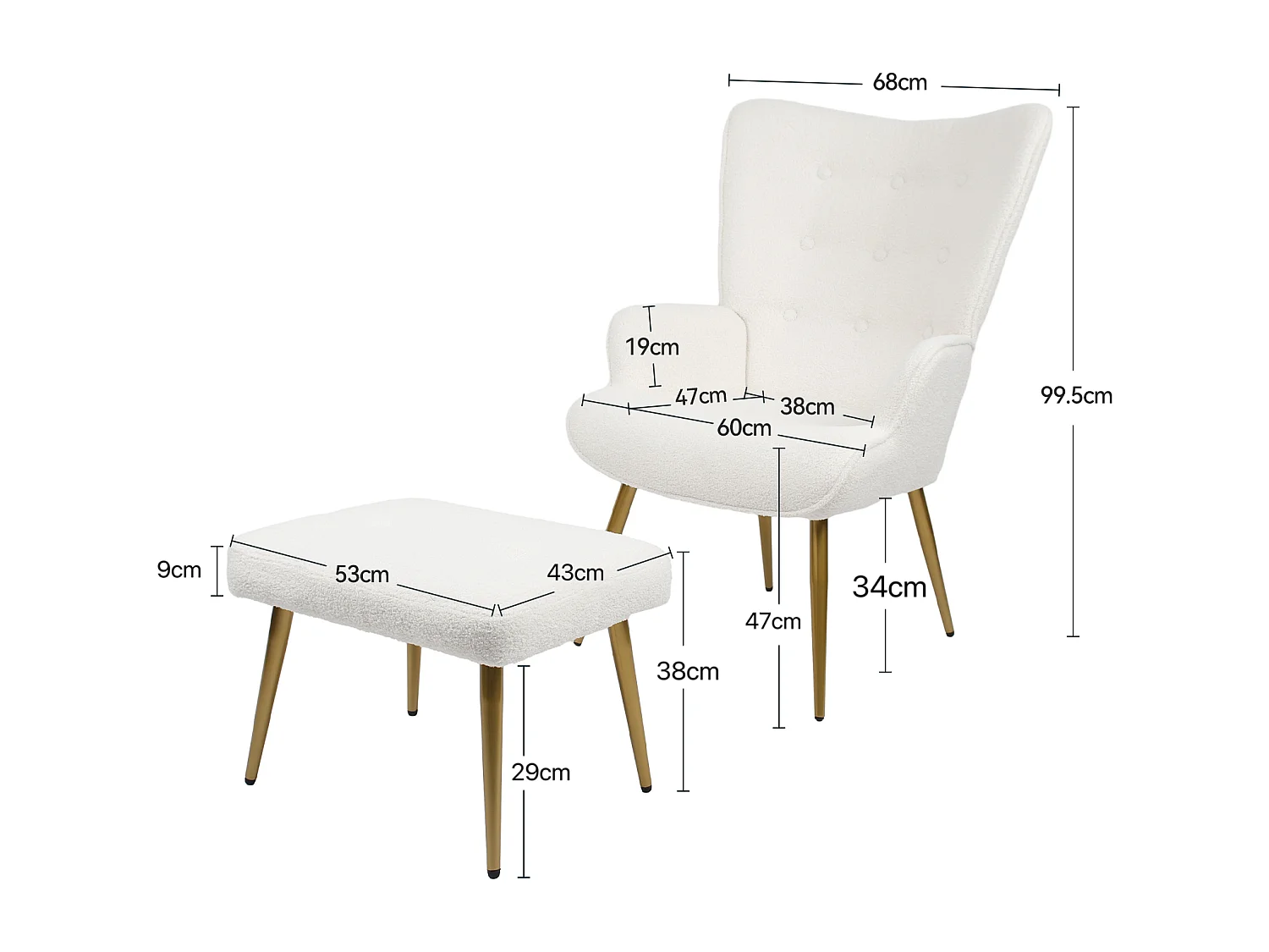 Ensemble 2 pièces, ensemble de chaises sherpa avec tabouret, design élégant, blanc