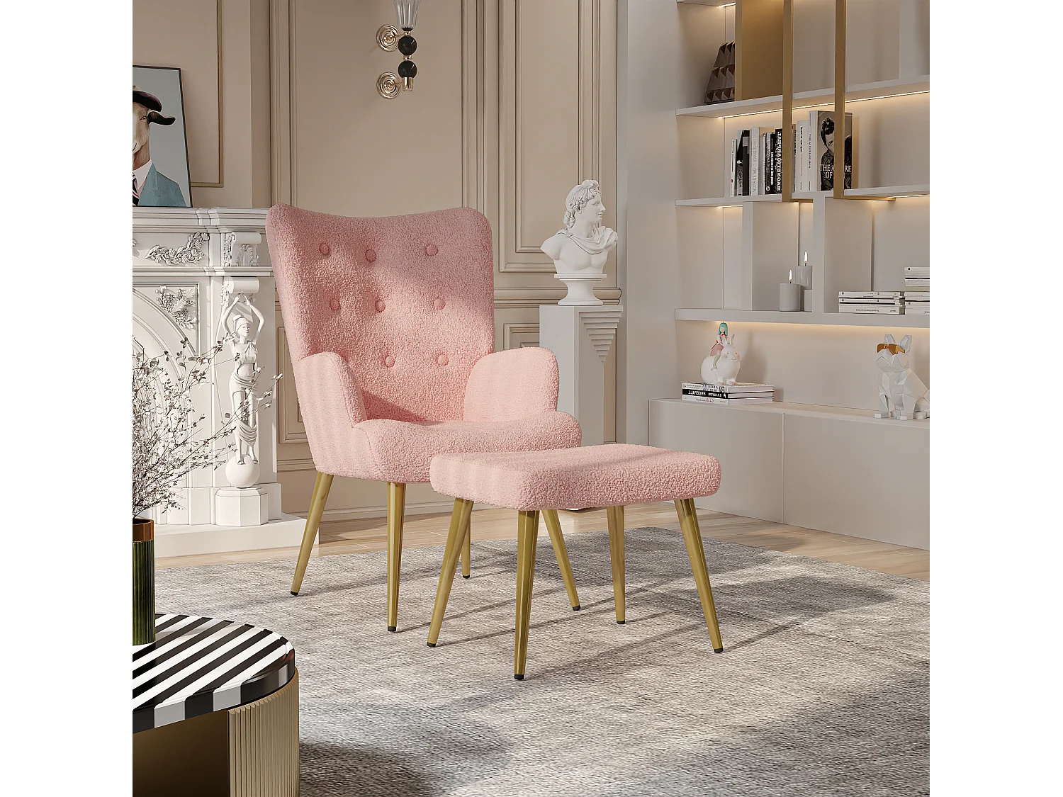 Ensemble 2 pièces, ensemble de chaises sherpa avec tabouret, design élégant, rosa