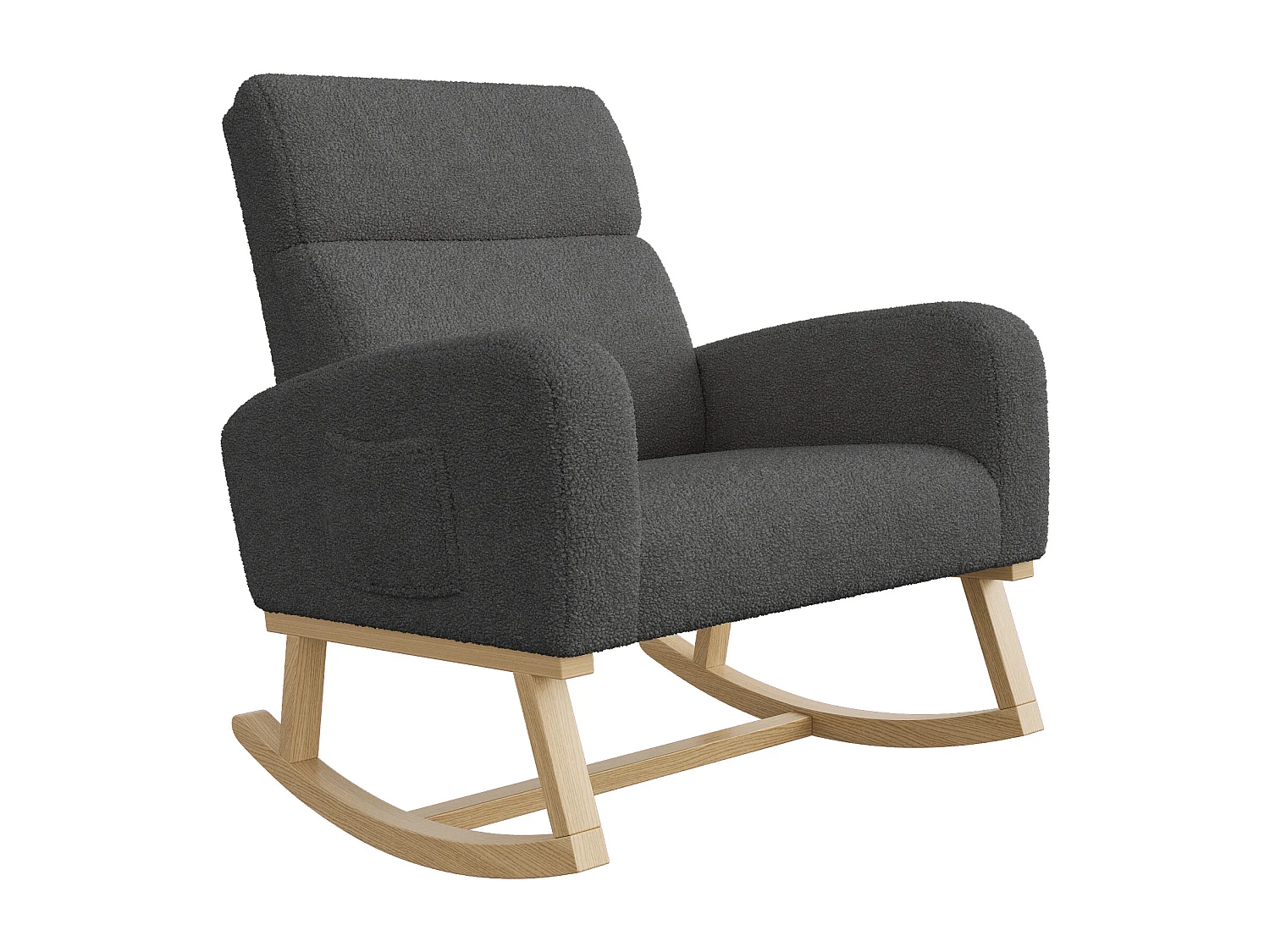 Fauteuil à bascule en bois massif, fauteuil à bascule recouvert de laine avec poches à côté des accoudoirs, Gris foncé