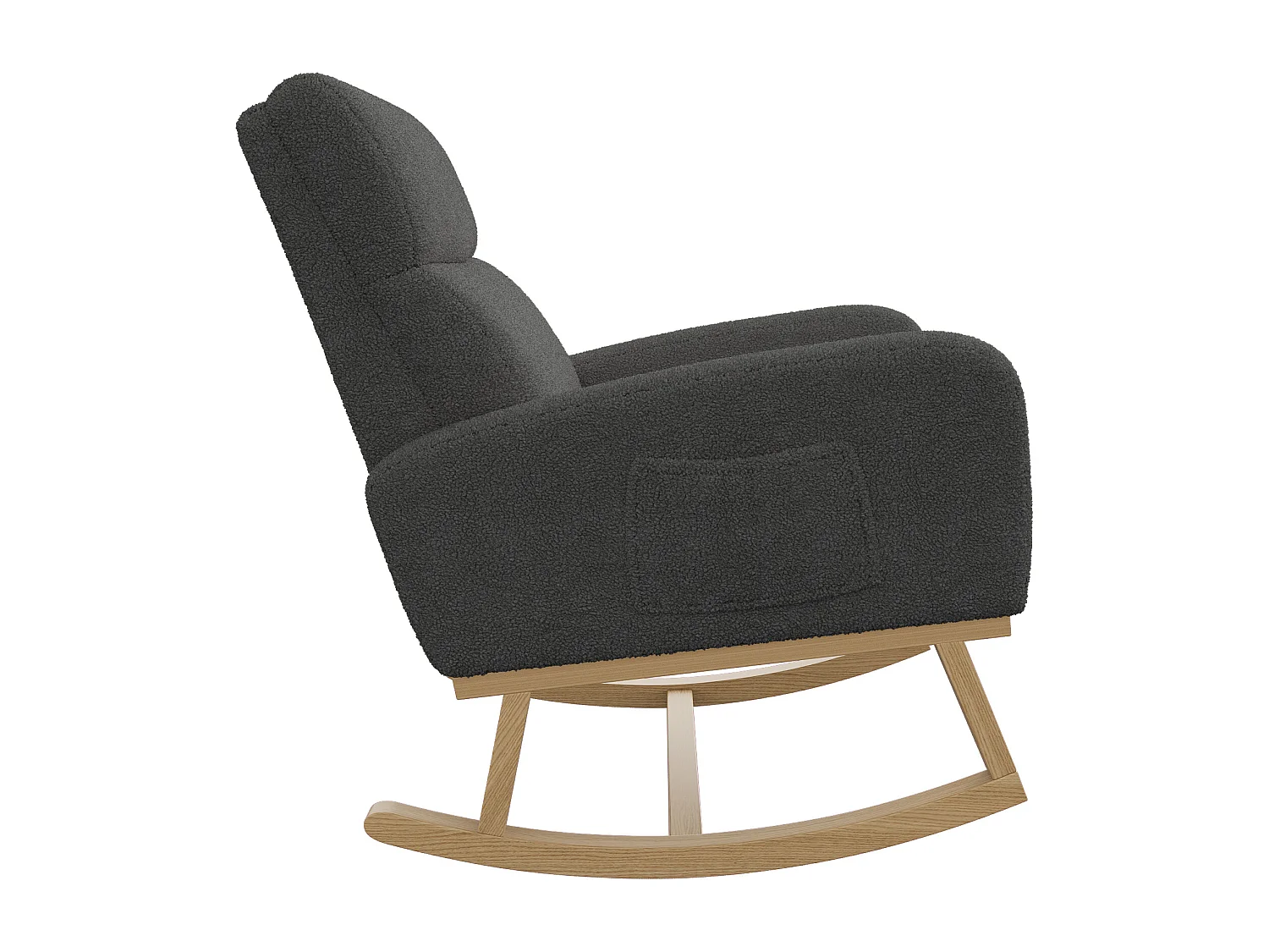 Fauteuil à bascule en bois massif, fauteuil à bascule recouvert de laine avec poches à côté des accoudoirs, Gris foncé
