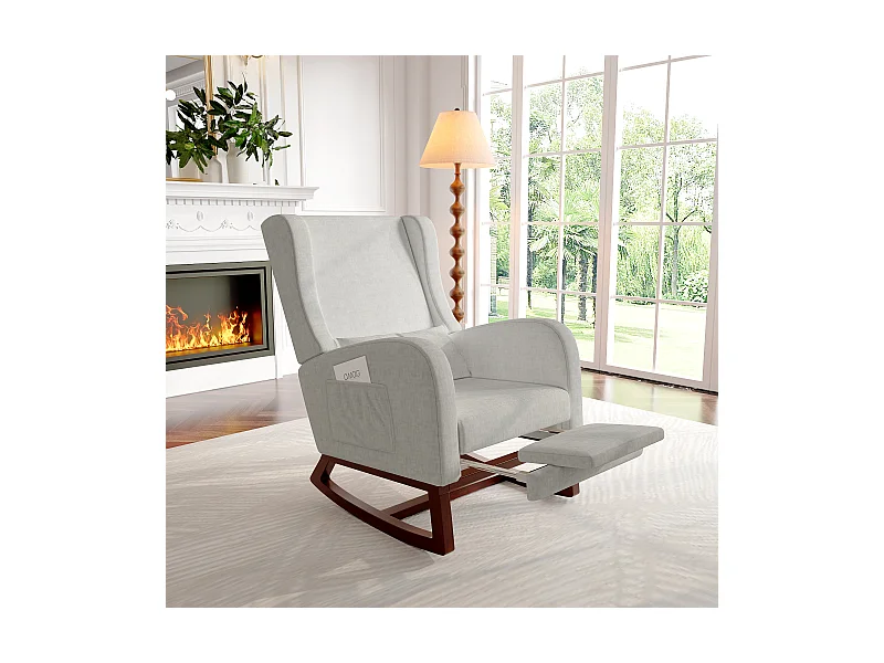 Chaise à bascule avec repose-pieds, pieds antidérapants en bois massif, poches des deux côtés, coton et lin, gris