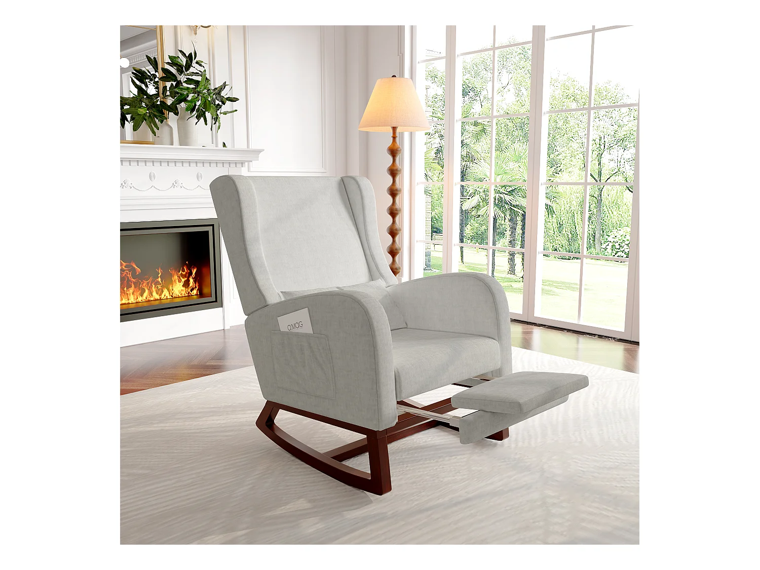 Chaise à bascule avec repose-pieds, pieds antidérapants en bois massif, poches des deux côtés, coton et lin, gris