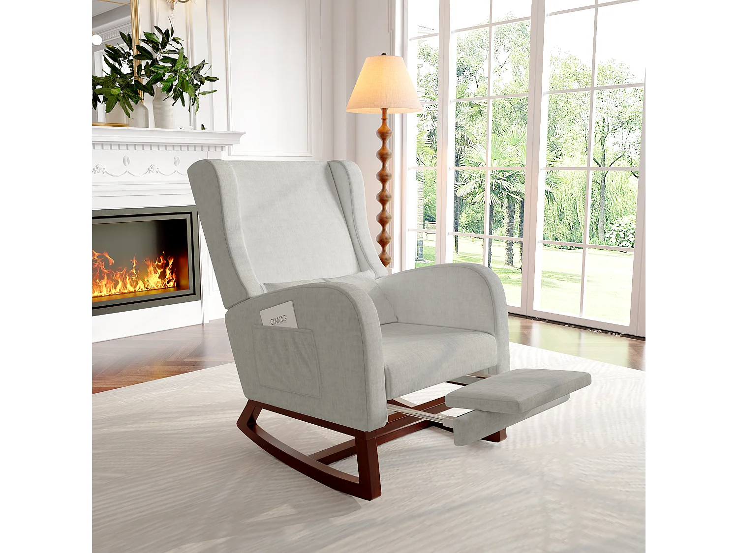 Chaise à bascule avec repose-pieds, pieds antidérapants en bois massif, poches des deux côtés, coton et lin, gris